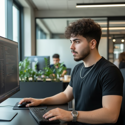Abolfazl Shadrouh working on laptop - ابوالفضل شادروح برنامه‌ نویس